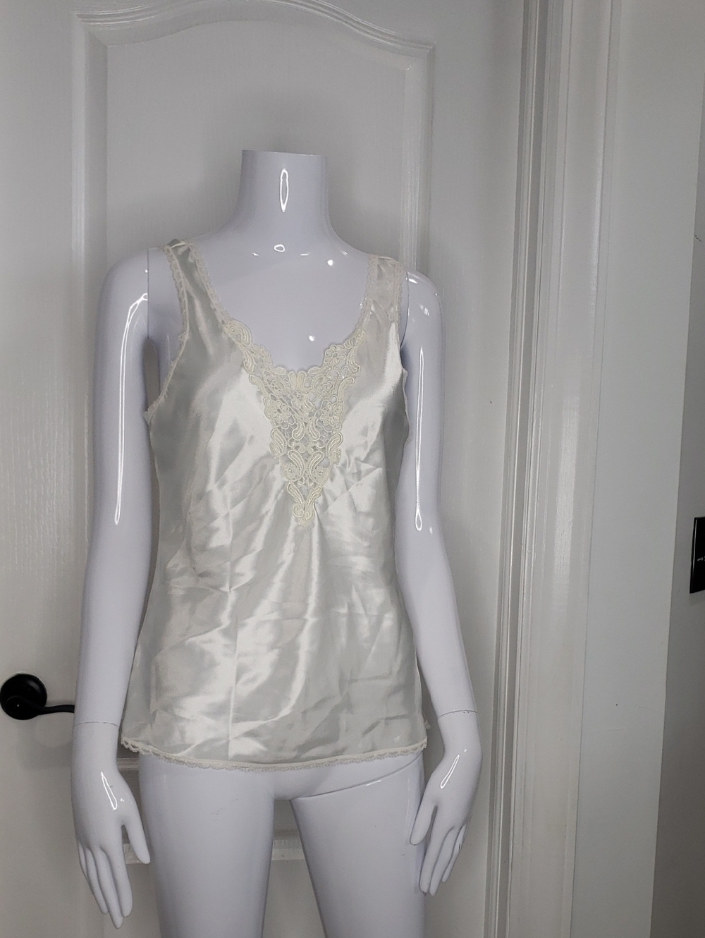 Adonna Vintage 1970s 1980s White Satin Slip Tank Top w/ Lace Trim Size Medium